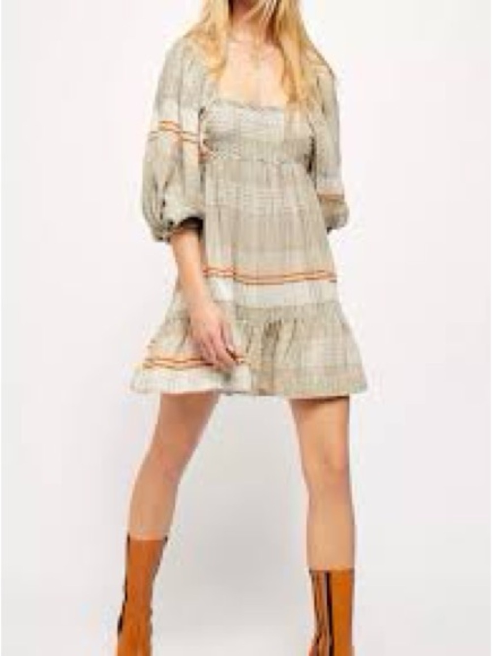 Free People Boho Tiered Flowy Mini Dress in Beige Plaid - Picture 5 of 5